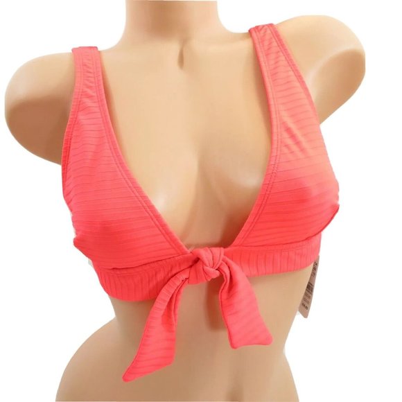 TOPSHOP Bikini Top Size 10 Womens Ribbed in Neon Pink Faux Tie Front - Picture 2 of 9